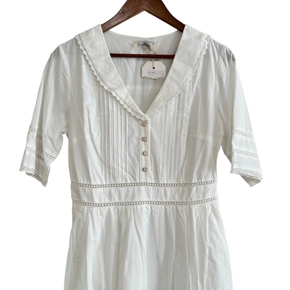 Simple Retro Fiona V Neck White Cotton Eyelet Lace Sailor Collar Midi Dress NWT - Picture 12 of 13